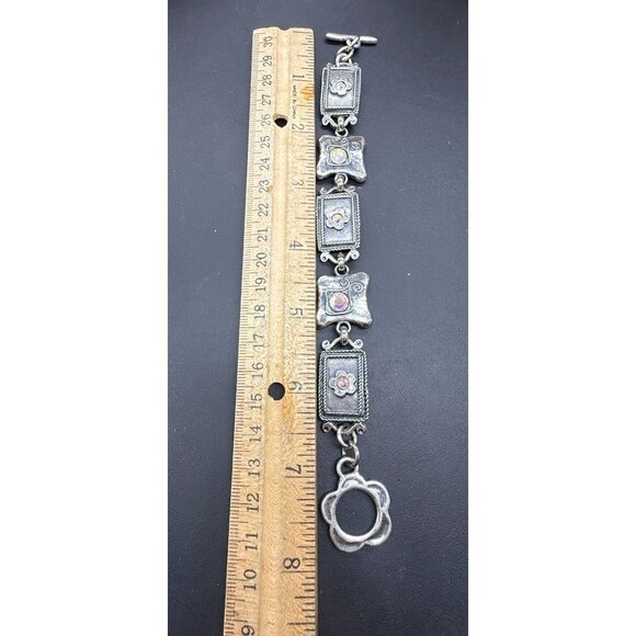 Vintage AVGAD Bracelet Hammered Iridescent Crystal Floral Rectangular Panels Ban - Picture 8 of 9